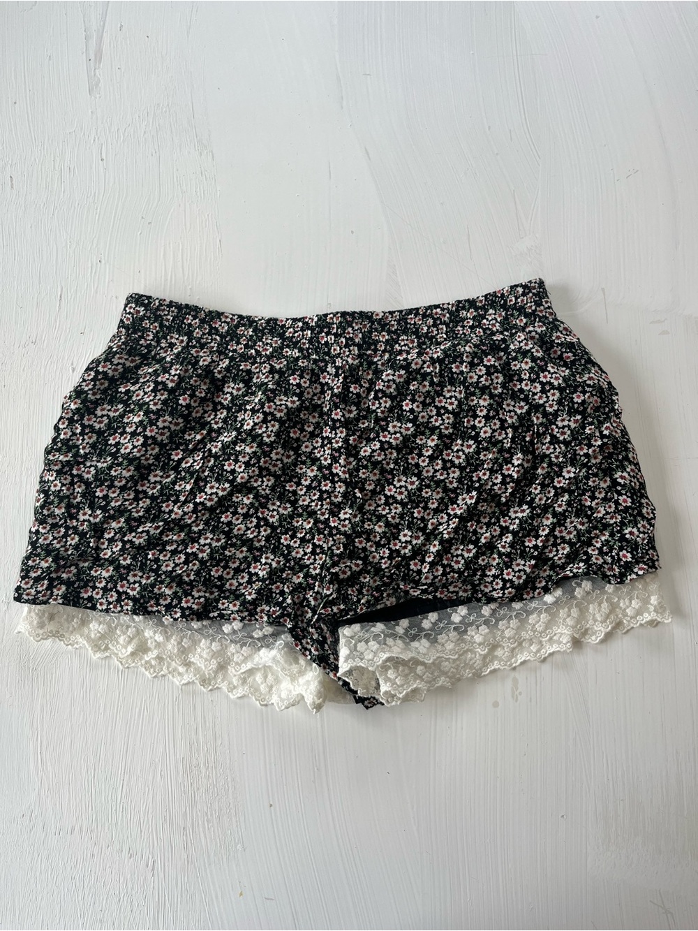 Forever 21 Black Floral Lace Trim Shorts with Pink Accents